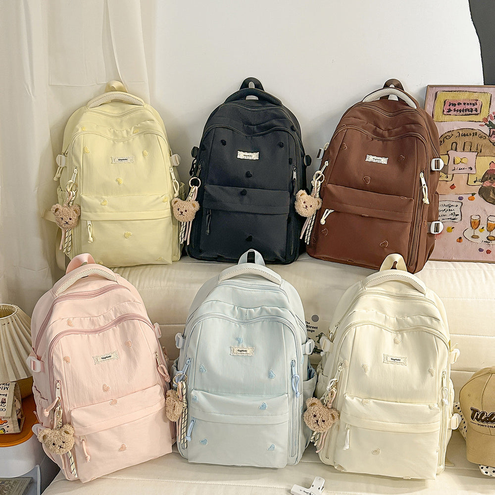 Heart embroiderypure color backpackcute style junior high school and college student backpack macaron color large capacity school bag