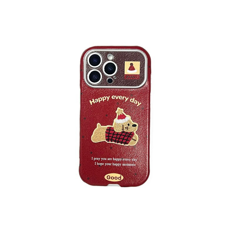 Red hat puppy compatible apple iphone 17 shockproof phone case, leather texture, large view window, iphone 16 pro max protective cover