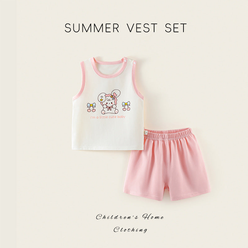 Baby summer suit thin baby clothes boys and girls outing jacquard separatespure cotton vest shorts kids