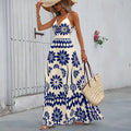 European and american cross-border foreign trade short-sleeved wholesale new printed suspender long skirt vacation style backless
