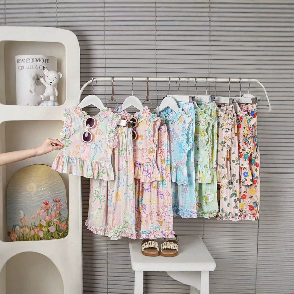 Girls' rayon summer lightweight pajama pants - cartoon print, loose fit, breathable, can be worn outdoors, cropped length
