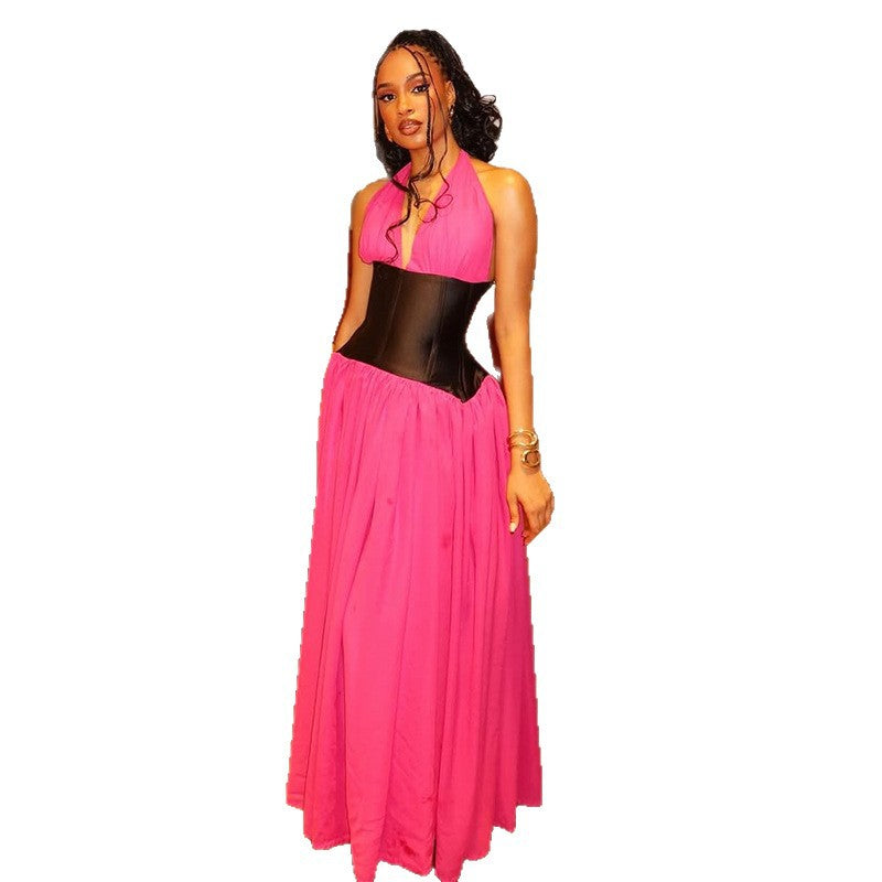 European and american cross-border women's fashion:  summer new arrival - elegant halter neck color block long sleeveless maxi dress