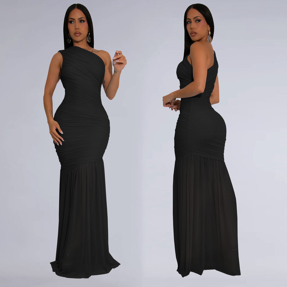 C7370 cross-border   fashion women's elegant one-shoulder sexy see-through solid color dress