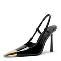 Metal small square toe sexy back hollow fashion sandals women's black patent leather stiletto iron toe high heels elegantflats