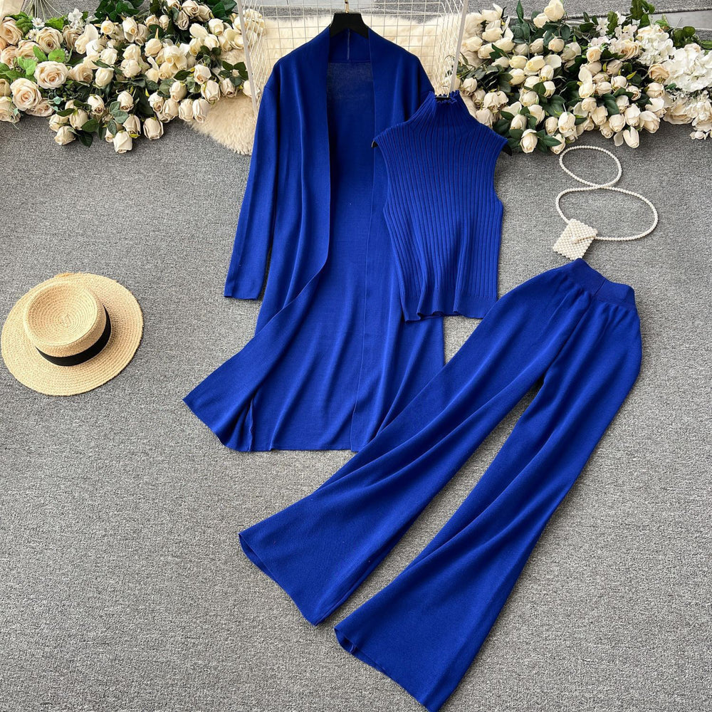 fashionloosecasualknittingsuit women's long shawl cardigan + turtleneck sweater + loose pants three-piece set
