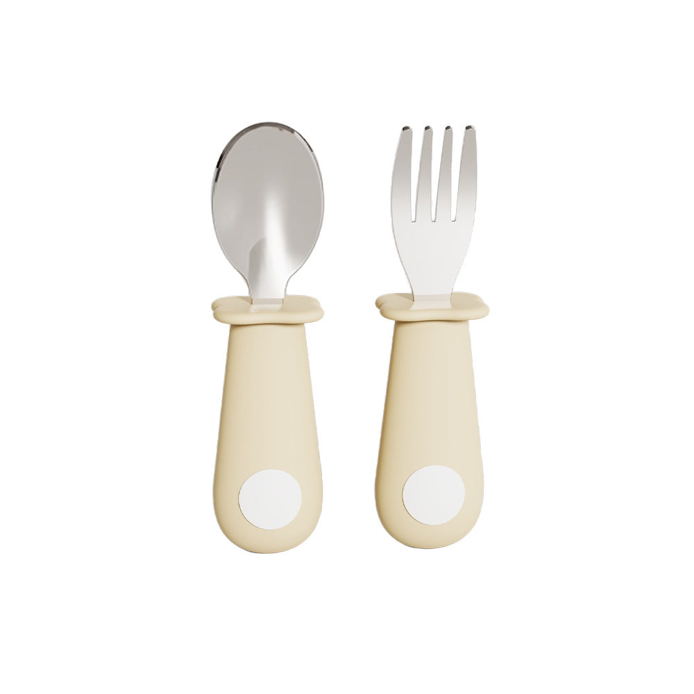 New custom baby food-grade silicone handle feeding fork and spoon set - stainless steel fork and spoon set for independent eating