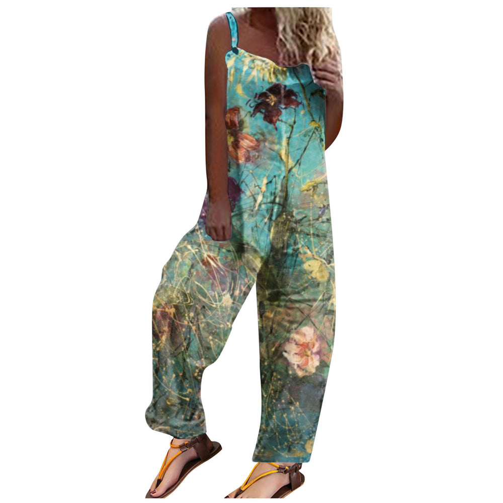 bamboo linen print fashion cami one-shoulder loose fit sleeveless harem jumpsuit casual pants