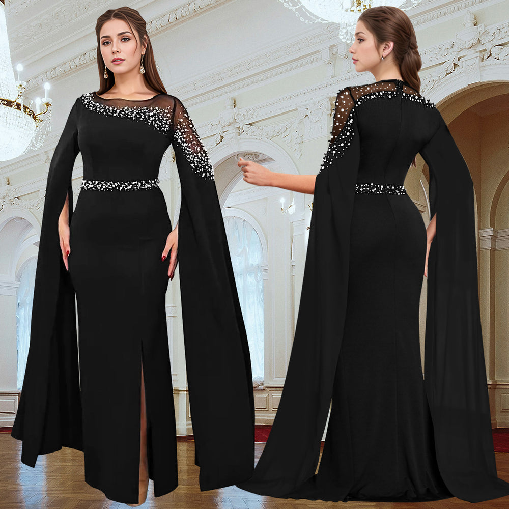 C7303 cross-border   fashion hotfix rhinestone beaded cape sleeve evening gown dress