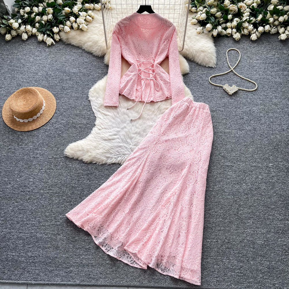 French chic v-neck embroidered beaded lace two-piece set - women's autumn commute slim-fit high-end elegant outfit