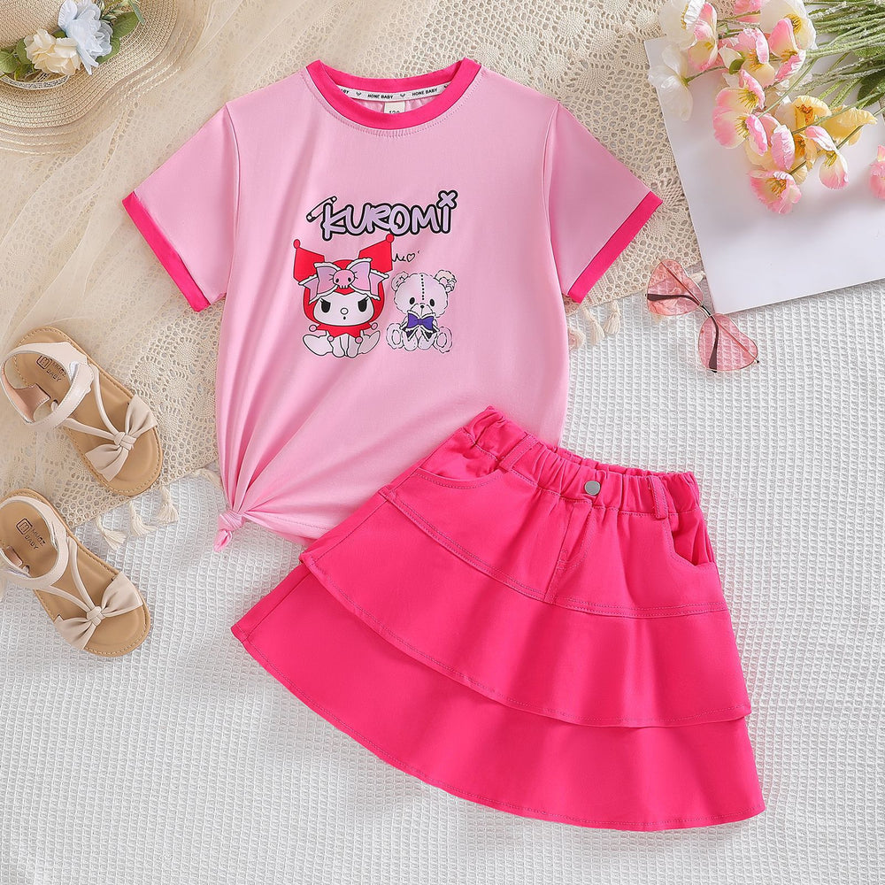 Girls' summer dress short-sleeve skirt set  new trendy popular kuromi children's skirt two-piece outfit