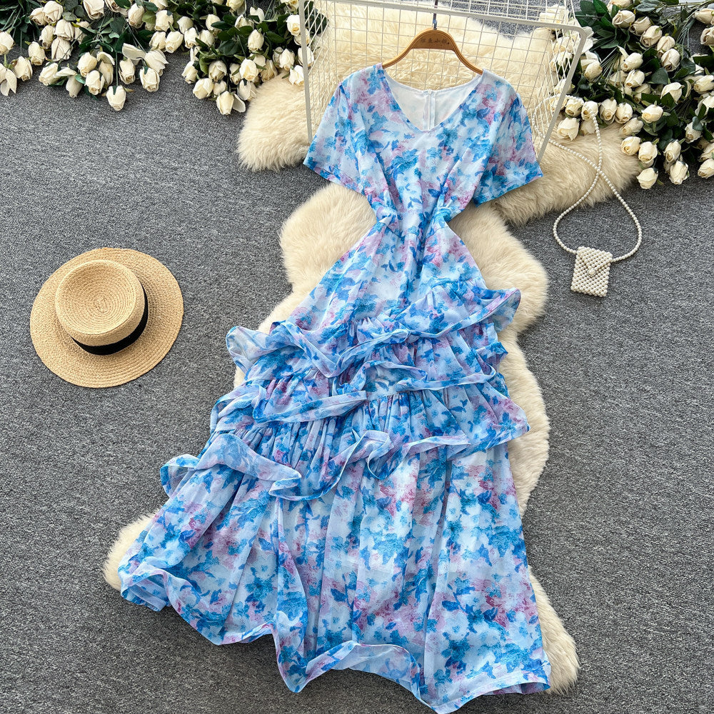 French chic v-neck floral dress - women's summer irregular short sleeve, slim fit a-line maxi dress - perfect for vacation
