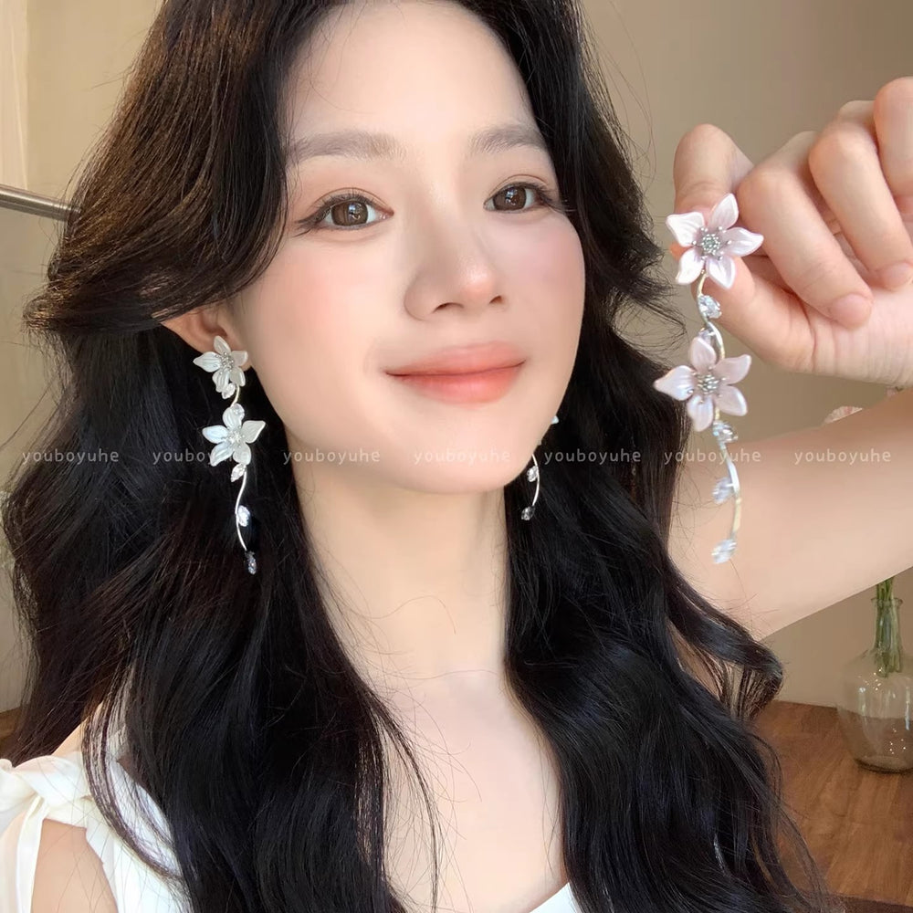 Gentle french floral zircon long tassel earrings - women's chic beach vacation style unique dangle earrings