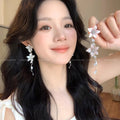 Gentle french floral zircon long tassel earrings - women's chic beach vacation style unique dangle earrings