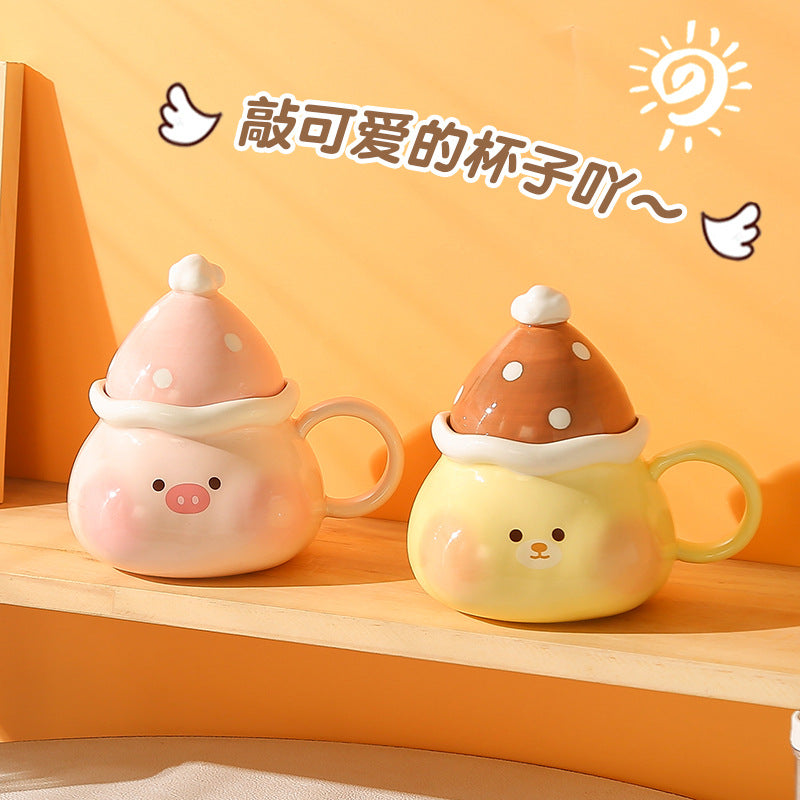 Creative cute piglet ceramic mug with lid - perfect birthday gift, office-friendly, high-style water cup - wholesale available