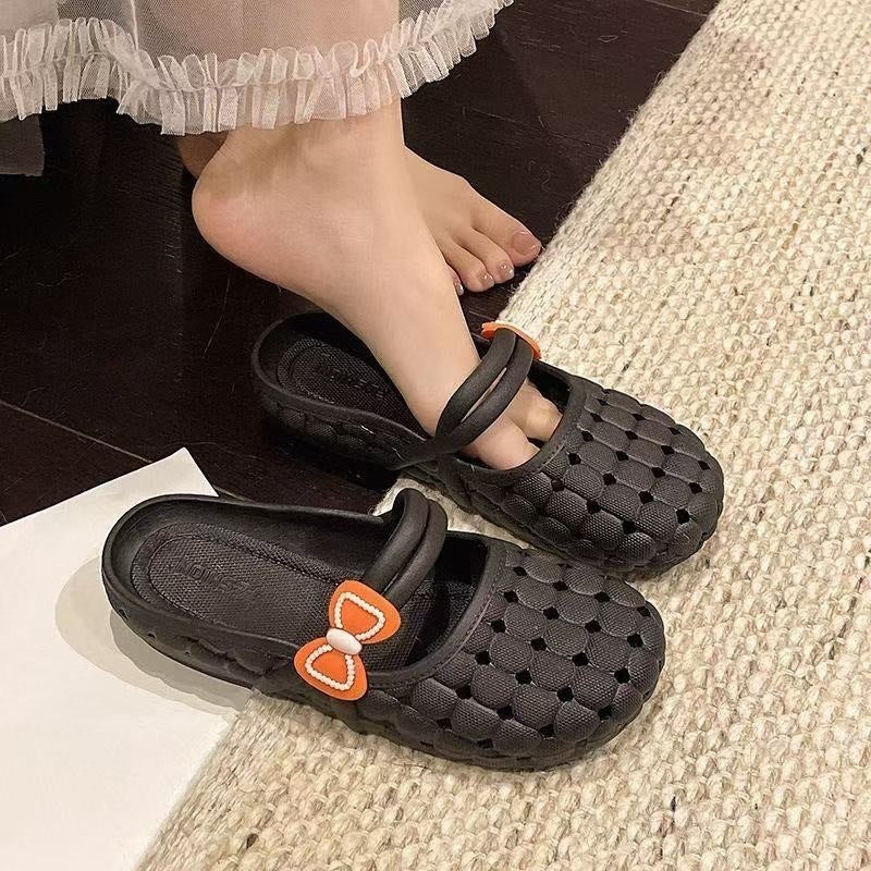 Baotou slippers women's summernew arrivalfashion soft bottomfor homeoutwear breathable flats crocs bows half slippers