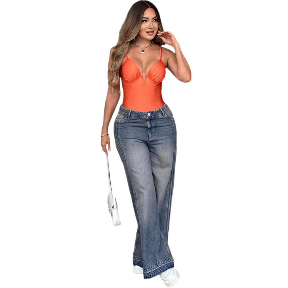European and american style high-waisted wide-leg jeans -  cross-border summer new arrivals - women's side stripe straight-leg trousers