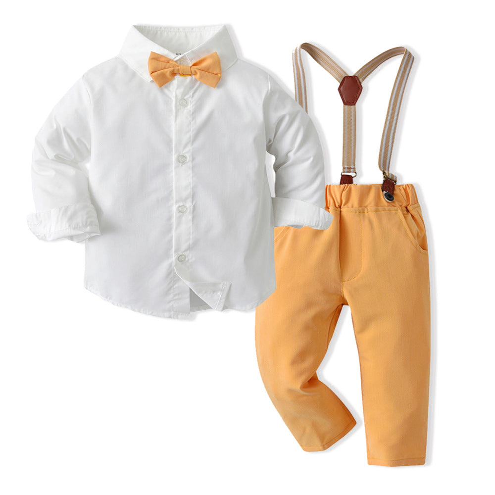 K-style children's clothing kidssuitlong sleevesshirt suspender two-piece set 61 spring & fallnew arrivalboys' first birthday dress
