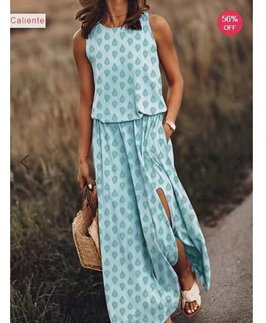 summer new arrivals: cross-border  fashion - european & american style women's sleeveless crew neck dress with slit, available in multiple solid colors