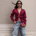 European and american style loose wool cardigan -  cross-border women's sexy deep v-neck metal button open front sweater