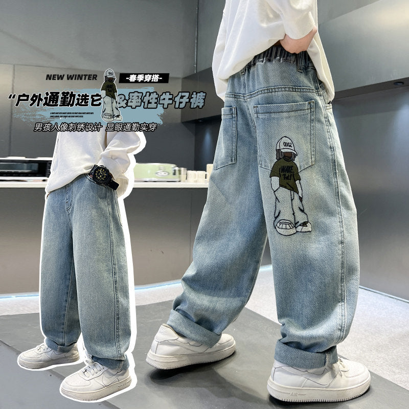 Boys' jeans - spring korean drama style, relaxed fit straight leg, embroidered trendy casual pants for kids and teens