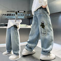 Boys' jeans - spring korean drama style, relaxed fit straight leg, embroidered trendy casual pants for kids and teens