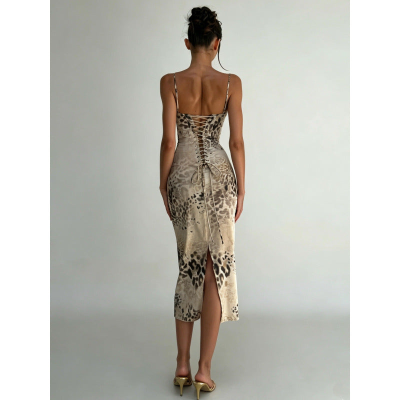 Amazon women's clothing  summer new retro print slim-fit high-waisted backless slit cami bodycon dress