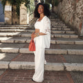 European and american women's clothing  autumn new collection: sweet and fresh turn-down collar hollow-out short sleeve shirt & high-waisted straight-leg pants two-piece set