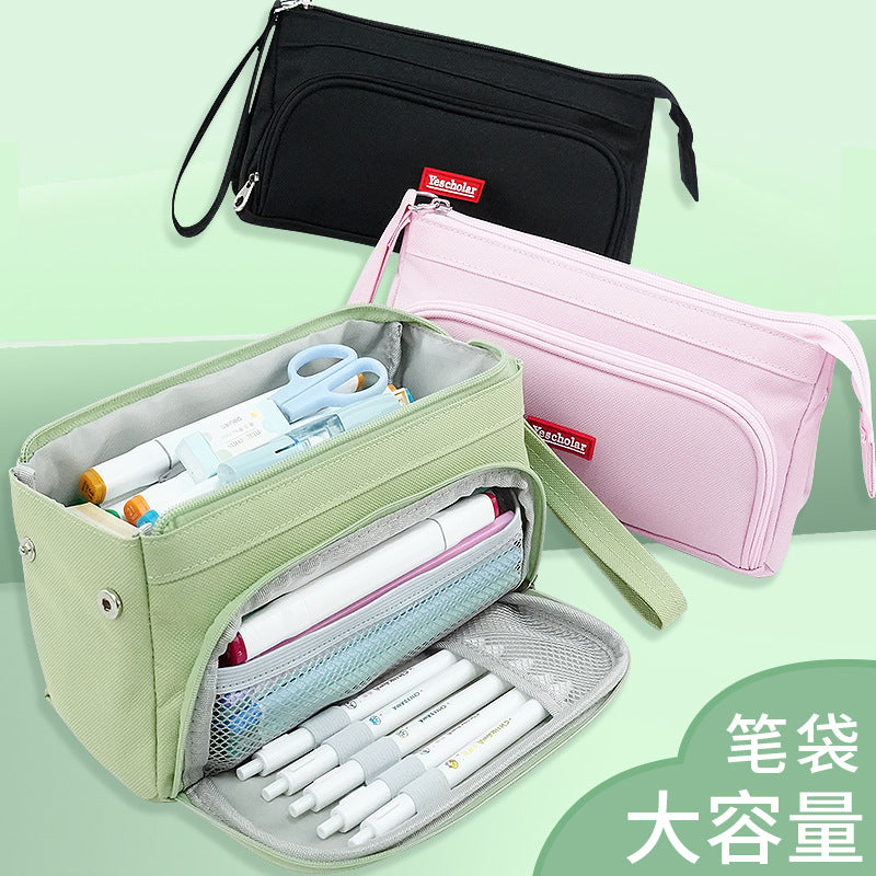 Cross-border pencil case Large capacity simple stationery box Double canvas Multifunctional portable stationery bag Primary school student pencil case