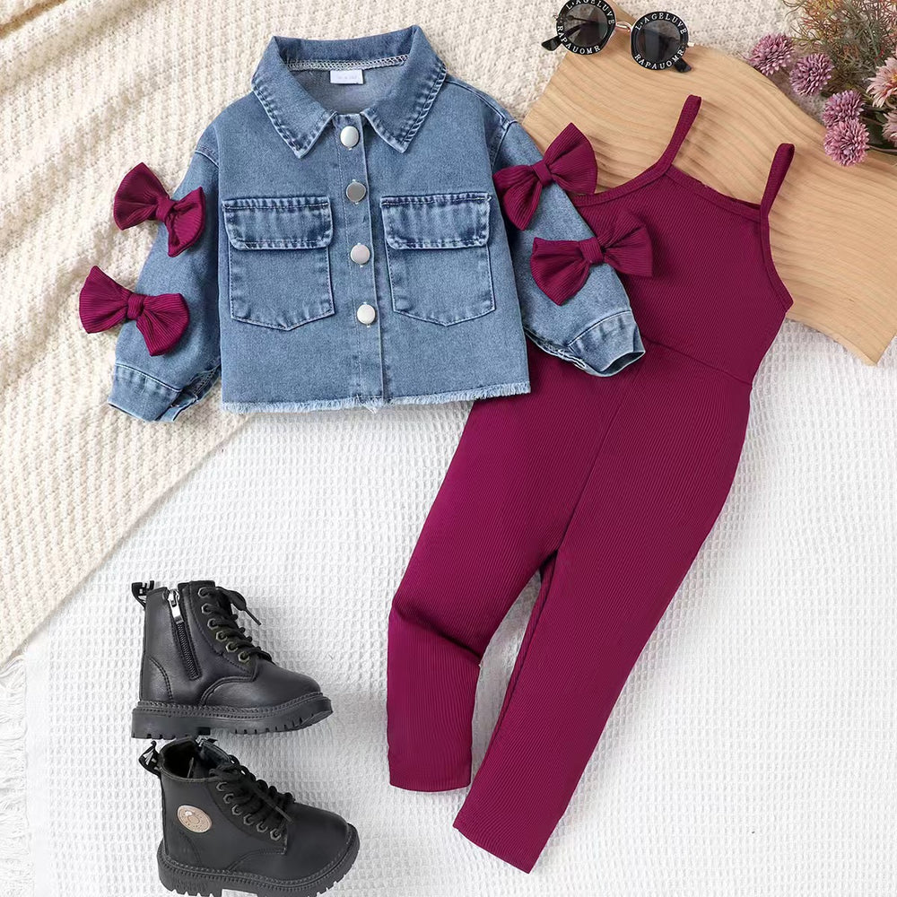 Kids clothing  cross-border new arrivalfashionspring & fallgirl denim long sleevesoutwear one-piece pants