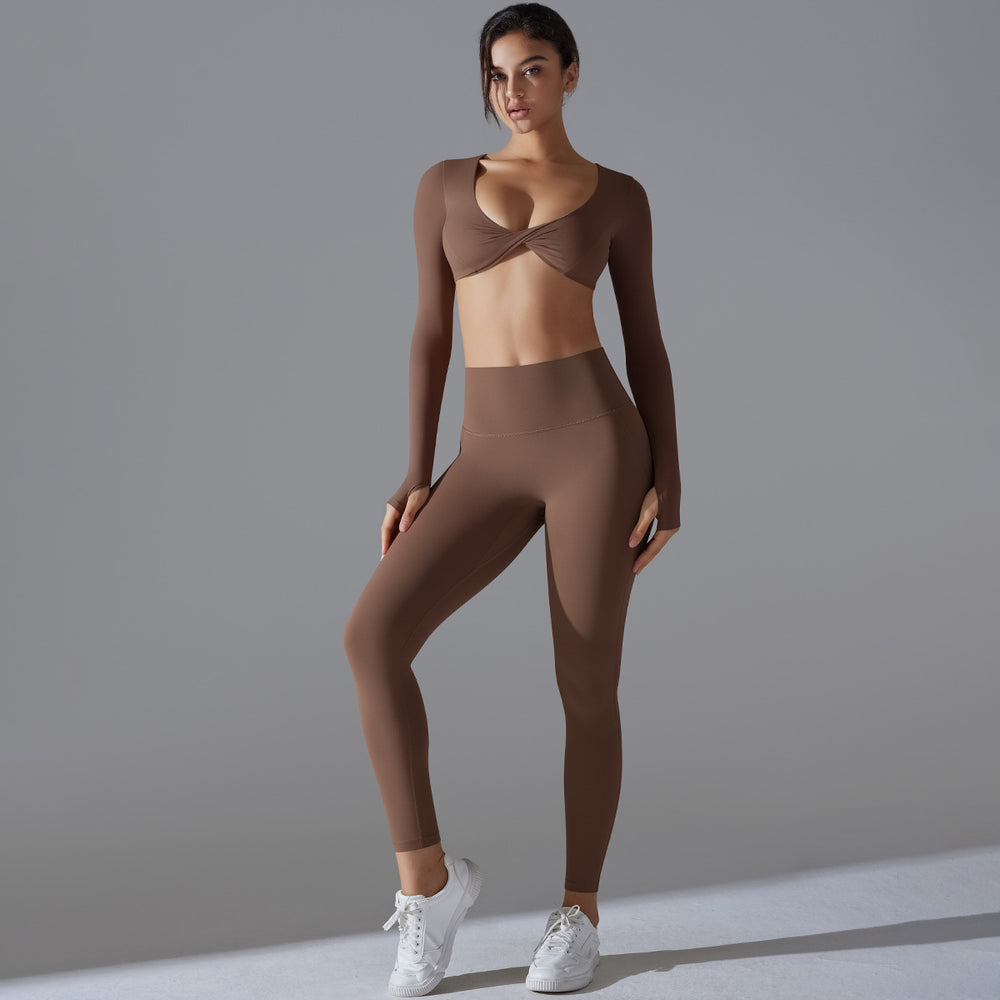 New solid color seamless underwear double-sided nylon long sleeve activewear yoga set - high elasticity, tight fit, anti-odor gym & yoga apparel