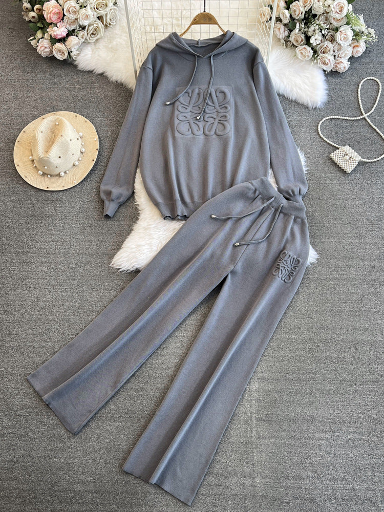 Fashionsuitfemalek-stylelooseknittinghoodedsweatshirttwo-piece setcasualhigh waistslimming lookstraight-legloose pants