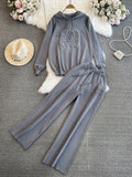 Fashionsuitfemalek-stylelooseknittinghoodedsweatshirttwo-piece setcasualhigh waistslimming lookstraight-legloose pants