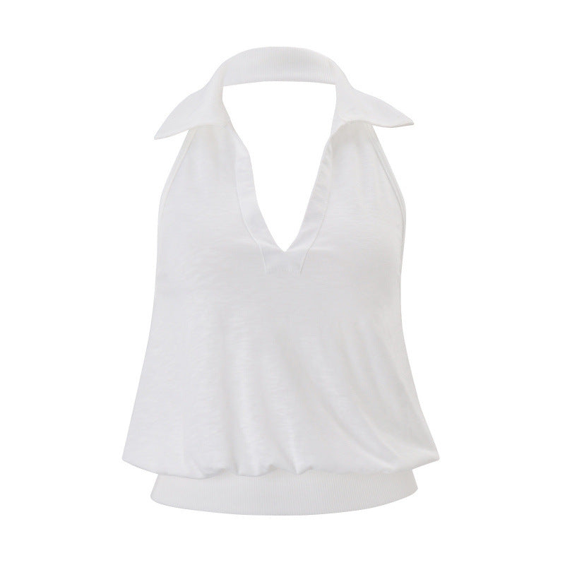 Amazon women's clothing  summer new slim-fit solid color v-neck cutout halter crop top vest