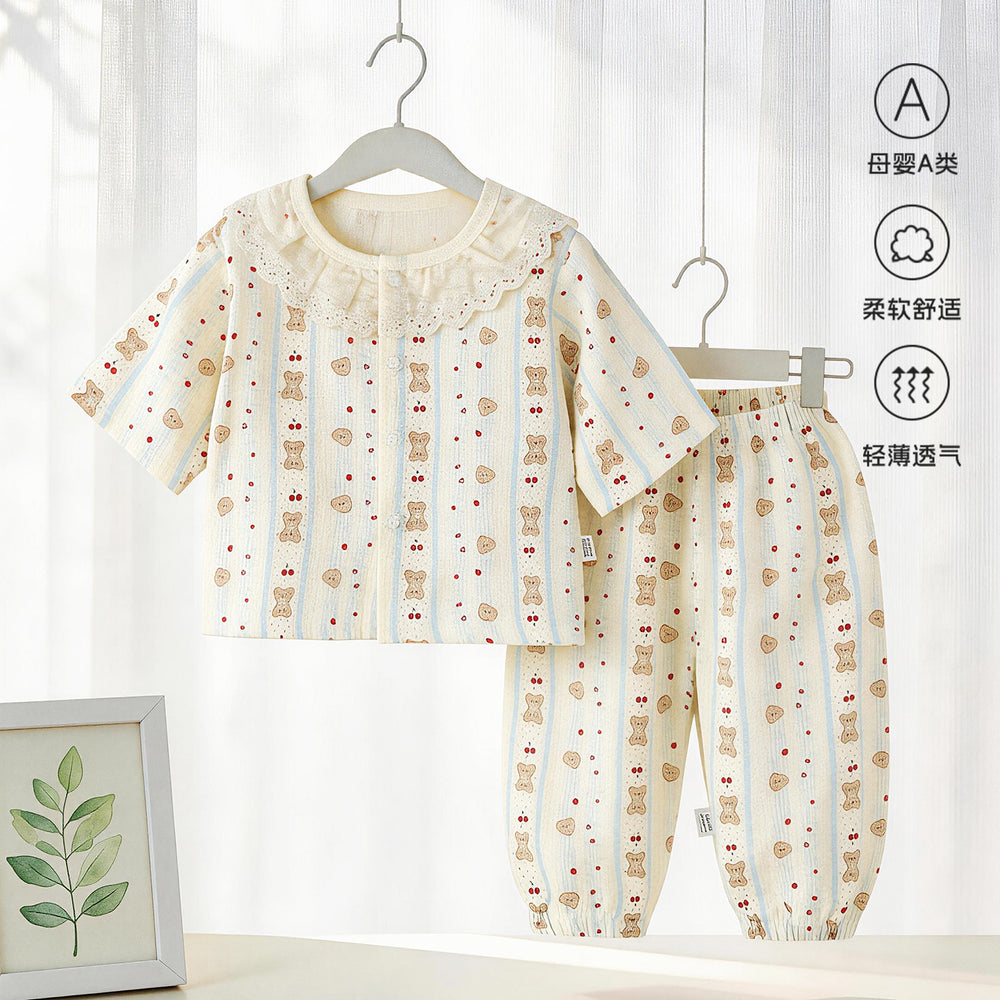 Class a pajamas gauze pure cotton spring summer thin baby air-conditioning home clothes 7-quarter sleeves + pants kidssuit