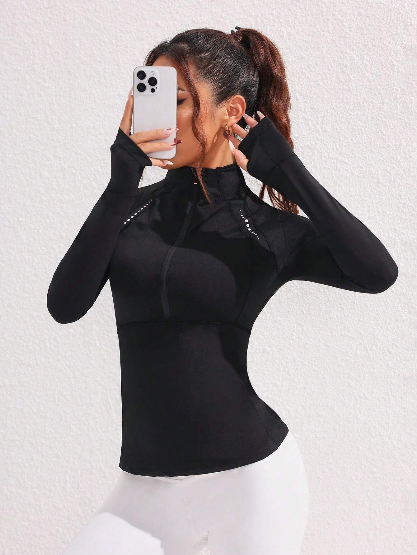 Pre-sale Cross-border high-elastic breathable yoga long-sleeved top thumb hole stand-up collar reflective printing slim-fit sports sweater women