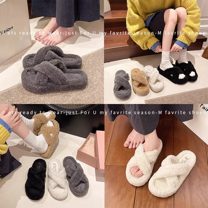 Casualeasiest for match fur slippers for women outwear2025fall and winternew arrivalthick sole cross curly hairheattech lazy flip-flops