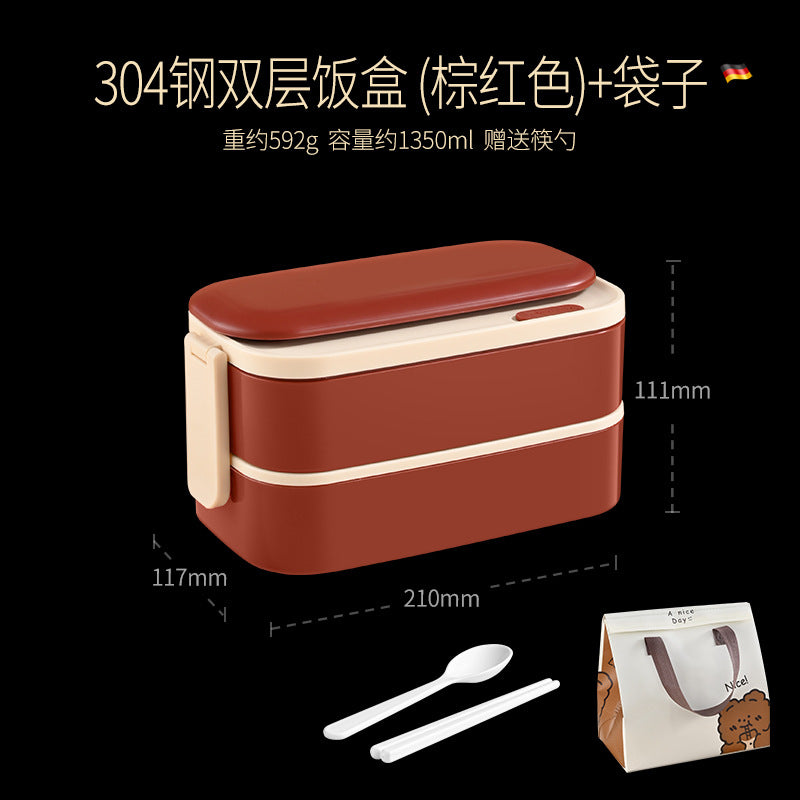 304 stainless steel thermal insulation lunch box Office workers can microwave oven can be heated portable lunch box Double-layer student lunch box