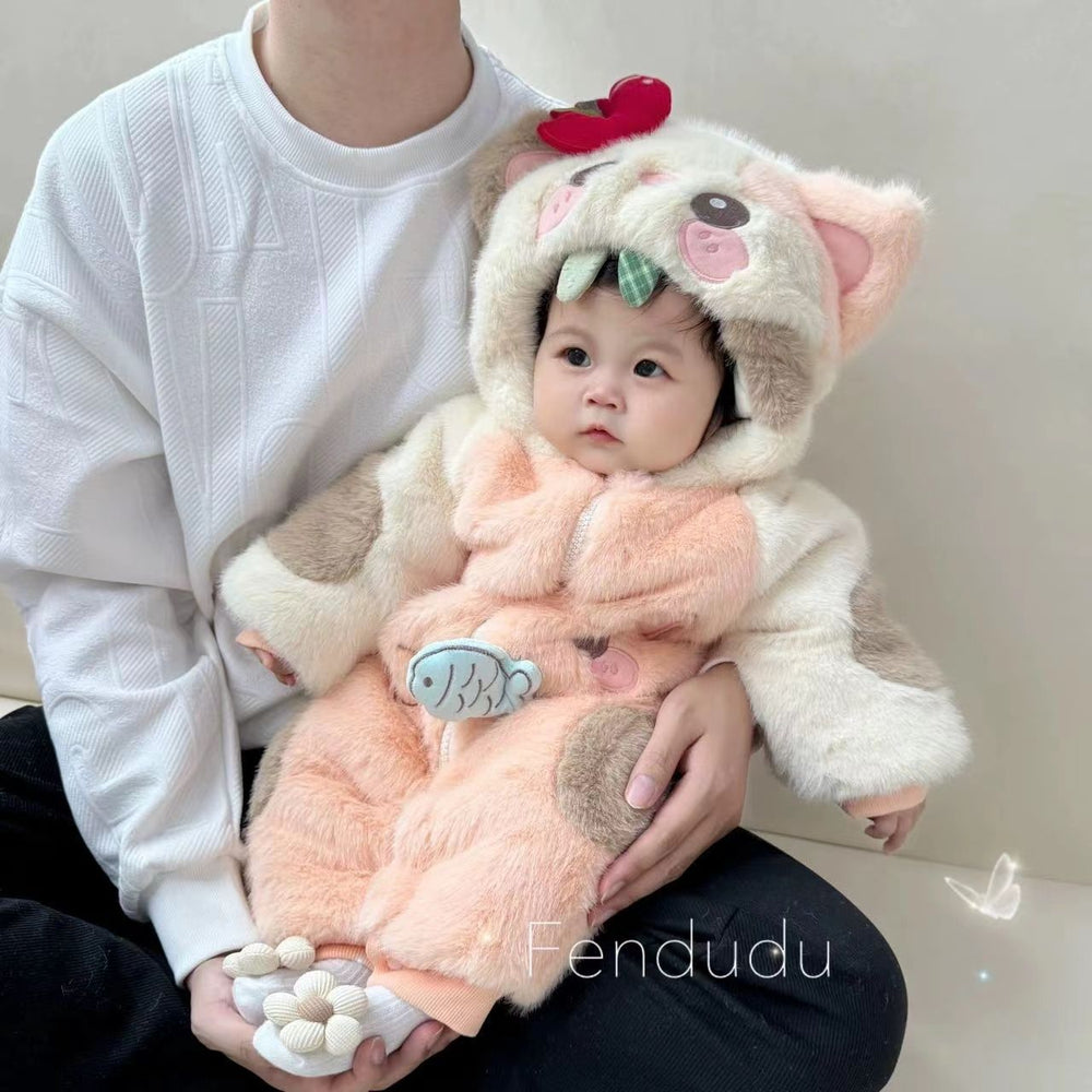 Infant winter fleece-lined thickened warm romper, cartoon winter quilted jumpsuit, thickened fuzzy sweater outfit