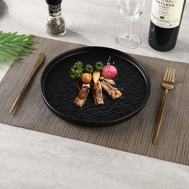 Japanese-style premium black and white ceramic dinnerware - high-end rock texture dinner plates for home use - round steak and chop dishes for restaurants
