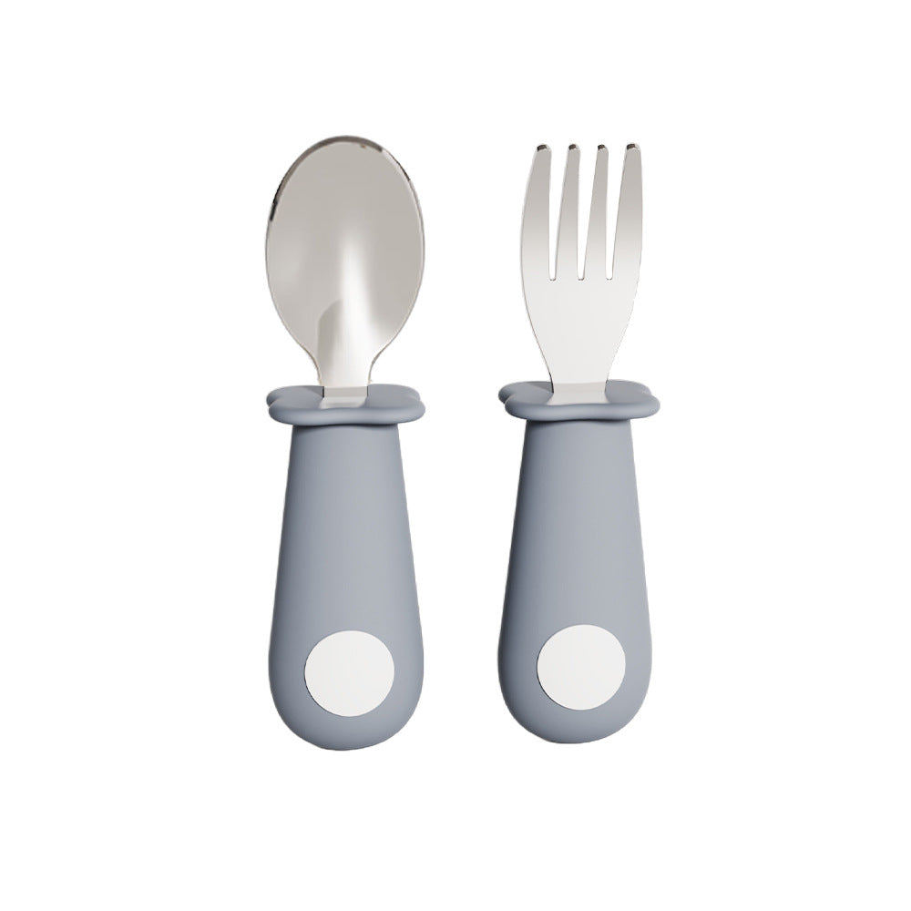 Newborn baby silicone handle spoon & 316 stainless steel short handle fork set - baby feeding utensil set