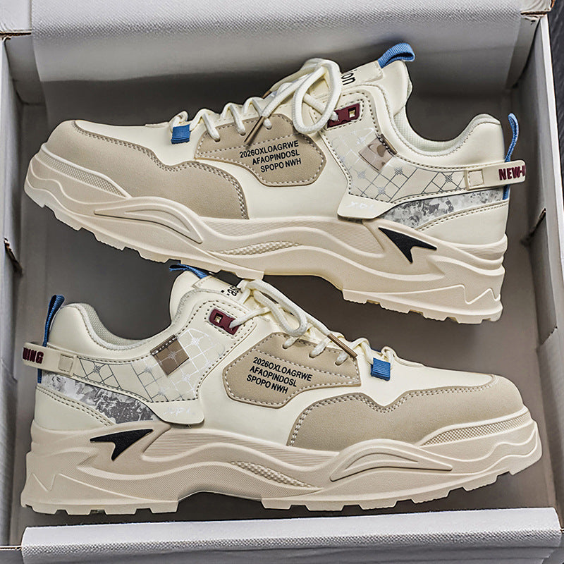 Men's spring versatile casual work shoes - leather, waterproof, athletic, height-increasing, white trendy sneakers for work and everyday wear