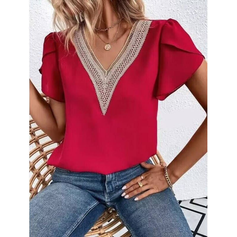 european and american cross-border e-commerce: new summer v-neck petal sleeve short-sleeve solid color top for women