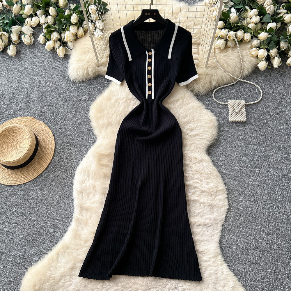 Korean style commute knit sweet & chic dress - women's short sleeve polo collar slim fit a-line dress - high-end design