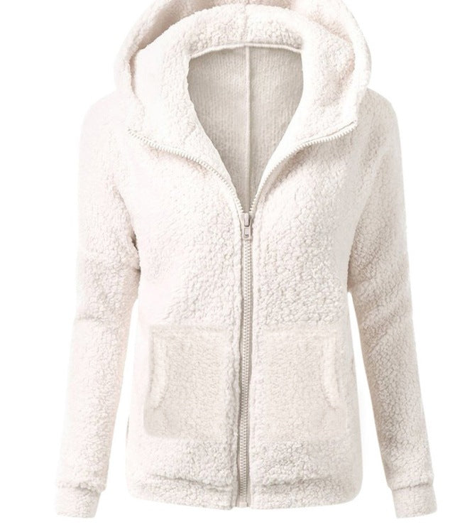 women's fashion solid color hoodie - loose fit plush zip-up jacket top