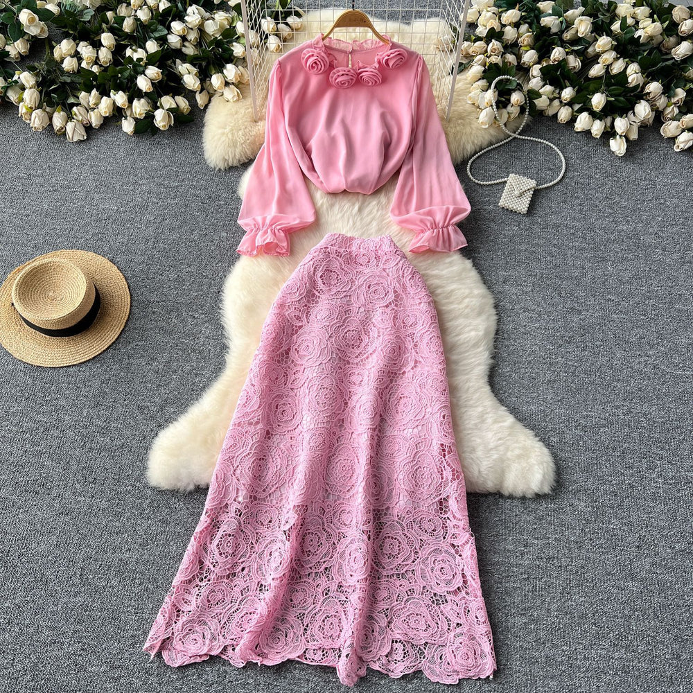 Elegant two-piece set: women's high-end 3d floral french long-sleeve blouse + high-waisted midi lace skirt