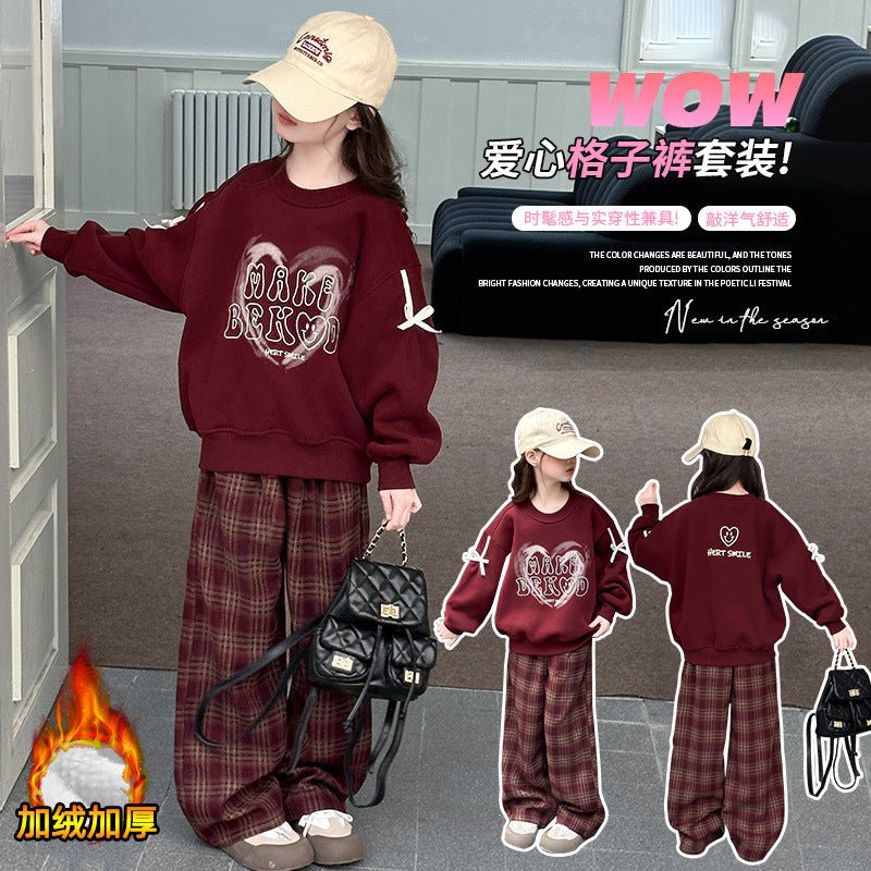 Girls' fleece-lined sweatshirt set - new autumn/winter  collection - crew neck top & plaid pants for mid-to-large children - trendy style