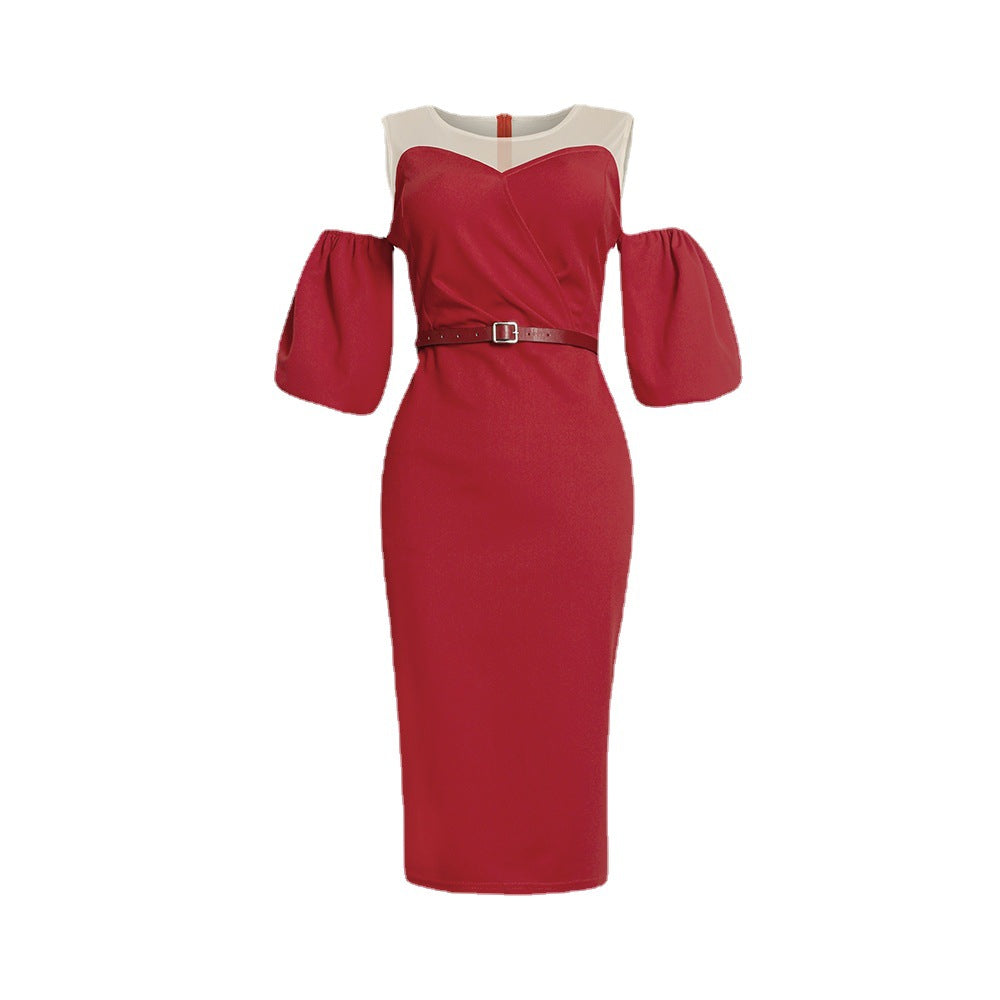 Plus size women's fashion: european & american style african-inspired dress - puff sleeve, off-the-shoulder, sexy bodycon midi dress with belt