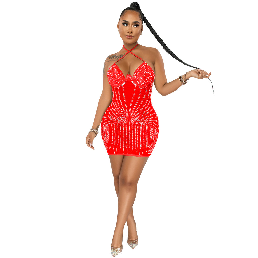 X5653    fashion sexy halter wrap chest rhinestone mesh see-through midi dress