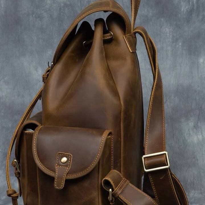 Vintage crazy horse leather backpack - genuine leather rucksack, laptop bag, large capacity travel bag, handmade cowhide business bag