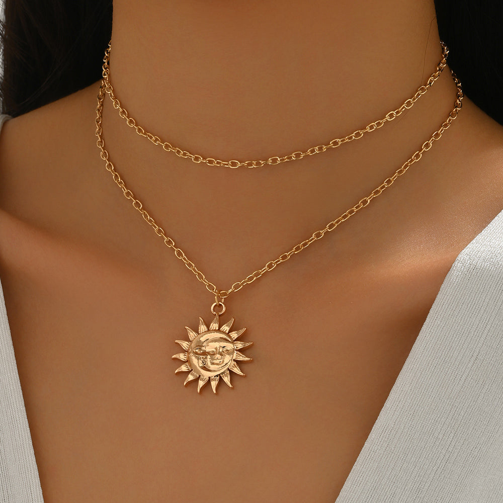 Wholesale vintage necklaces: cross-border sunflower, niche, high-end jewelry, extra-long face pendant, trendy women's clavicle chain
